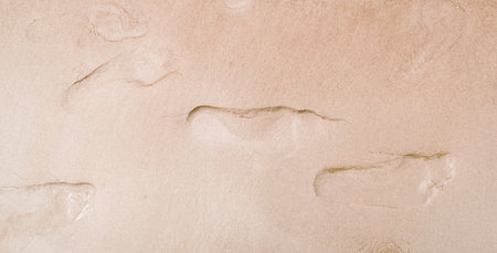 Close-up background of yellow fine sand grain texture and footprint, top view of sand detail texture background.の写真素材