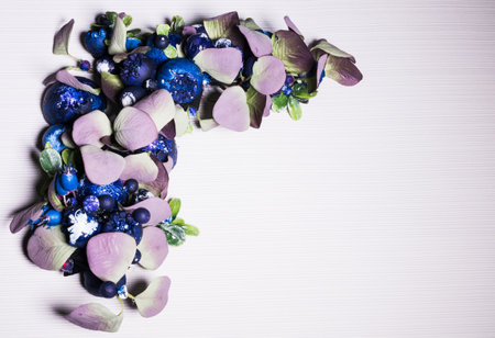 Decoration with artificially shaped and painted blueberries in the upper left part of the page, the right side free for text.の写真素材