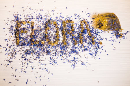 Dried cornflower flowers on a white background, decor, golden bag; the word flora from the yellow flower heads and blue petals.の写真素材