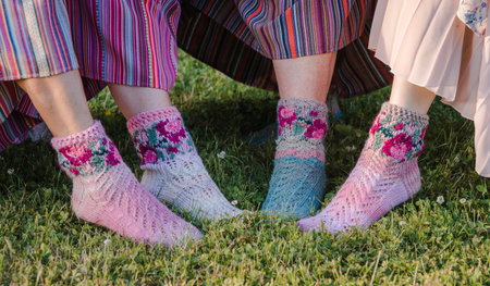 Four women's legs with different crocheted socks on their feet. In the garden on the lawn, on the...