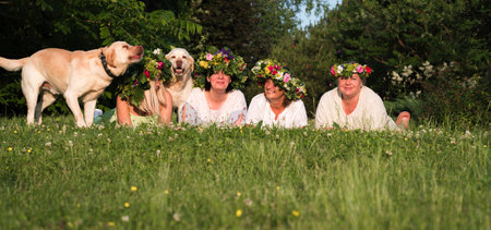 Group of seniors with their dog in the park. Selective focus.の写真素材