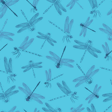 Sky-blue seamless pattern background texture with luminous flying dragonflies. Great for textile, stationery, wallpaper, home interior decor projects.の写真素材
