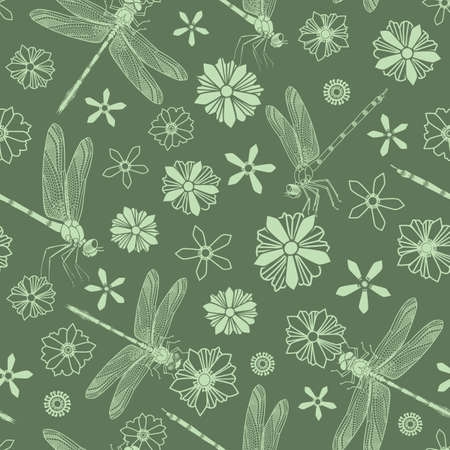 Pastel colors seamless vector pattern with dragonfly and flowers great for various projects and...