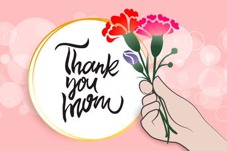 Hands holding blooming carnations and delivering to his loved mother. Sending greeting card of love and thanks in Mothers day.のイラスト素材