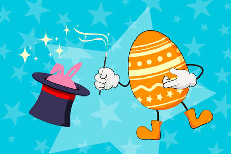 Egg magician and magic black hat with bunny ears. Vector flat illustration in cartoon style.のイラスト素材