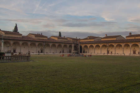 Italy, Florence - December 24 2016: the view of the large cloister and inner courtyard of Florence Charterhouse church, Certosa di Galluzzo di Firenze on December 24 2016 in Florence, Tuscany, Italy.のeditorial素材