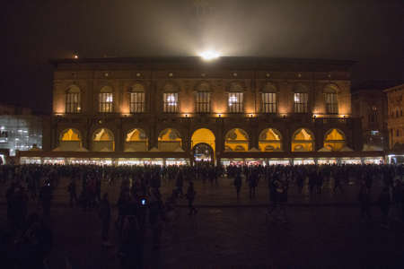 Italy, Bologna - November 20 2016: the view of the Palazzo del Podesta at Piazza Maggiore by night on November 20 2016 in Bologna, Emilia Romagna , Italy.のeditorial素材