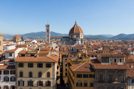 Italy, Florence - May 18 2017: the view Florence Cathedral and red roofs in a sunny day on May 18 2017 in Florence, Tuscany, Italy.のeditorial素材