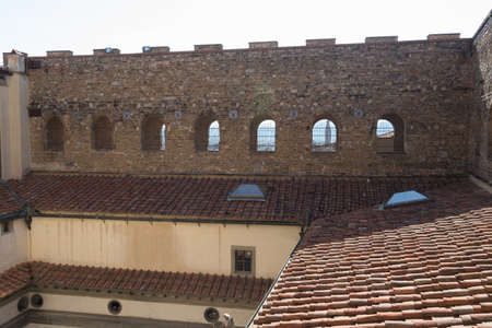 Italy, Florence - May 18 2017: detailed view of the brick wall of Palazzo Vecchio on May 18 2017 in Florence, Tuscany, Italy.のeditorial素材