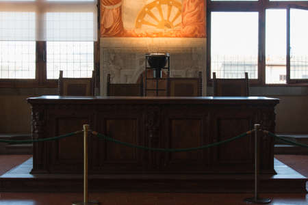 Italy, Florence - May 18 2017: the view of the table in Sala dell'Udienza in the Palazzo Vecchio on May 18 2017 in Florence, Italy.のeditorial素材