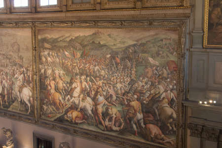 Italy, Florence - May 18 2017: the view of the frescoes by Giorgio Vasari in the Salone dei Cinquecento at Palazzo Vecchio, Florence, Italy on May 18 2017 in Florence, Italy.のeditorial素材