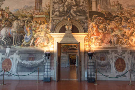 Italy, Florence - May 18 2017: the view of the frescoes in the Sala dell'Udienza in the Palazzo...