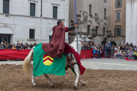 Italy, Brescia - October 01 2017: the view of the knight at celebrations of Caterina Cornaro is...