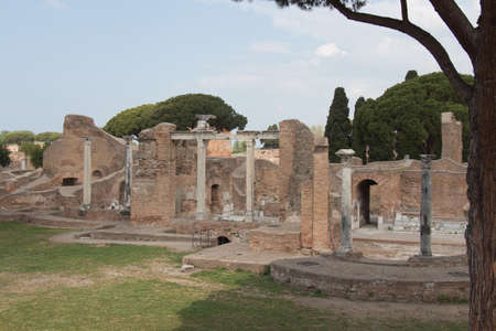 Italy, Ostia - April 16 2017: the view of terme del foro in The Ancient Roman Port of Ostia Antica on April 16 2017, Lazio, Italy.のeditorial素材
