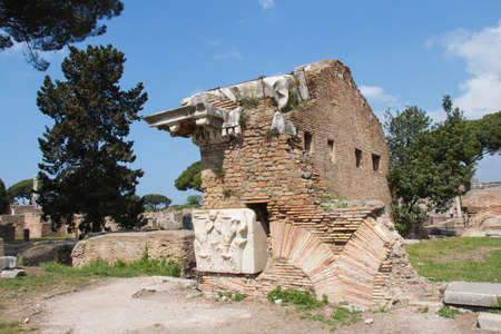 Italy, Ostia - April 16 2017: the front view of Rome and August Temple in The Ancient Roman Port of Ostia Antica on April 16 2017, Lazio, Italy.のeditorial素材