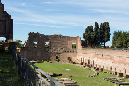 Italy, Rome - April 17 2017: the view of ancient roman ruins Hippodrome of Domitian on the Palatine...