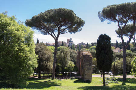 Italy, Rome - April 17 2017: the side view of the Aqua Claudia aqueduct ruins of Roman Forum on April 17 2017, Lazio, Italy.のeditorial素材