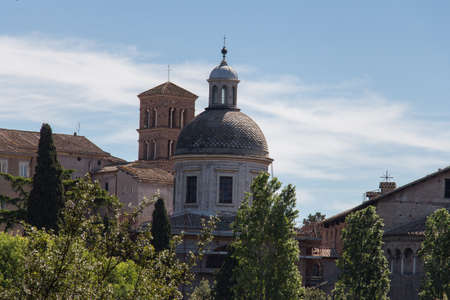 Italy, Rome - April 17 2017: the side view of dome and bell tower of Santi Giovanni e Paolo church on April 17 2017, Lazio, Italy.のeditorial素材