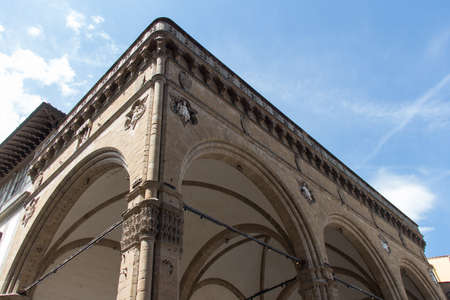 Italy, Florence - May 18 2017: the detailed view of the Loggia della Signoria on May 18 2017 in Florence, Tuscany, Italy.のeditorial素材