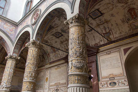 Italy, Florence - May 18 2017: the view of frescoes of the inner yard at Palazzo Vecchio on May 18 2017 in Florence, Tuscany, Italy.のeditorial素材