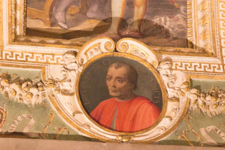 Italy, Florence - May 18 2017: the detailed view of the portrait in the Sala di Cosimo il Vecchio at Palazzo Vecchio on May 18 2017 in Florence, Italy.のeditorial素材