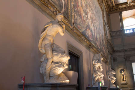 Italy, Florence - May 18 2017: the view of marble sculptures in the Hall of the Five Hundred in medieval Palazzo Vecchio on May 18 2017 in Florence, Italy.のeditorial素材