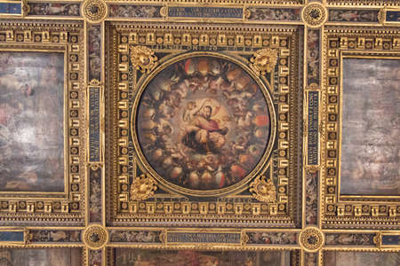 Italy, Florence - May 18 2017: the view of the ceiling fragment in the Salone dei Cinquecento at...