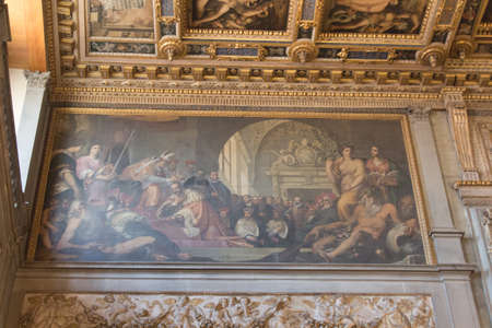 Italy, Florence - May 18 2017: the view of the frescoe in Salone dei Cinquecento at Palazzo Vecchio on May 18 2017 in Florence, Italy.のeditorial素材