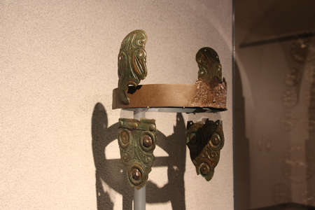 Italy, Brescia - December 24 2017: the view of ancient headpiece in the Museum of Santa Giulia on December 24 2017 in Brescia, Lombardy, Italy.のeditorial素材