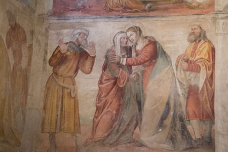 Italy, Brescia - December 24 2017: the view of wall frescoes in San Salvatore Monastery and Santa Giulia museum on December 24 2017 in Brescia, Lombardy, Italy.のeditorial素材