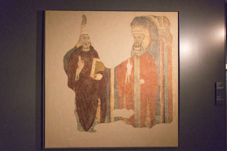 Italy, Brescia - December 24 2017: the view of the fresco, Two beatified Bishops, remounted on...
