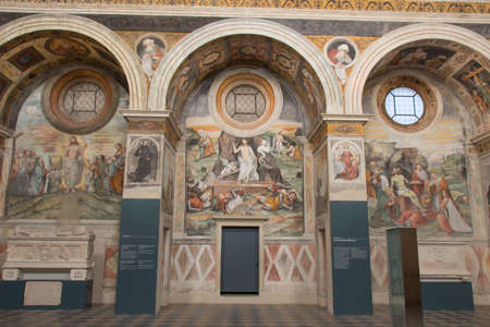 Italy, Brescia - December 24 2017: the view of wall frescoes of Choir of the nuns in San Salvatore Monastery of Santa Giulia museum on December 24 2017 in Brescia, Lombardy, Italy.のeditorial素材