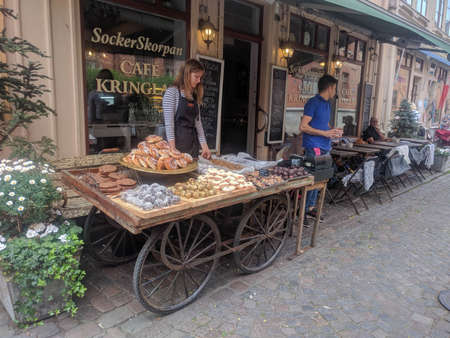 Gothenburg, Sweden - June 18 2019: the view of shops in the old Haga district on June 18 2019 in Gothenburg, Sweden.のeditorial素材