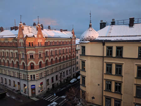 Sweden, Stockholm - December 17 2018: the view of old buildings of Kungsholmen district in winter time on December 17 2018 in Stockholm, Sweden.のeditorial素材
