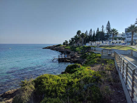 Protaras, Cyprus - October 19 2019: the view of a coastline near fig tree beach in sunny day on October 19 2019 in Protaras, Cyprus.のeditorial素材