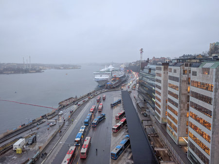 Stockholm, Sweden - January 04 2019: aerial view of bus station and cruise ship on January 04 in Stockholm Sweden.のeditorial素材