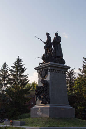 Kaliningrad, Russia - July 30 2019: the view of a small square with the First World War heroes monument on July 30 2019 in Kaliningrad, Russia.のeditorial素材