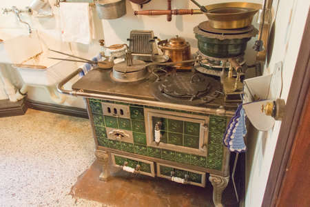 Kaliningrad, Russia - July 31 2019: the view of vintage kitchen stove, Altes Haus Museum interior on July 31 2019 in Kaliningrad, Russia.のeditorial素材