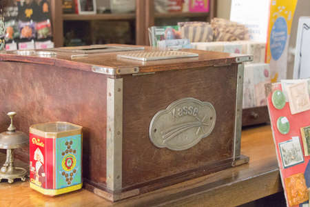 Kaliningrad, Russia - July 31 2019: the view of vintage cash box, Gustav Grossmann cafe on July 31 2019 in Kaliningrad, Russia.のeditorial素材