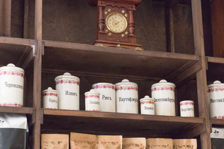 Kaliningrad, Russia - July 31 2019: the view of vintage kitchen storage jars, Gustav Grossmann cafe on July 31 2019 in Kaliningrad, Russia.のeditorial素材