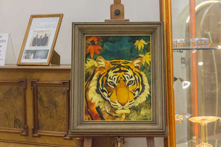 Kaliningrad, Russia - August 01 2019: the view of an art pieace from amber, interior of Amber Museum on August 01 2019 in Kaliningrad, Russia.のeditorial素材