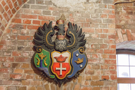 Kaliningrad, Russia - August 02 2019: interior view of fort Donhoff, Konigsberg coat of arms on August 02 2019 in Kaliningrad, Russia.のeditorial素材