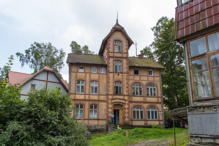 Svetlogorsk, Russia - August 08 2019: facade view of an old dilapidated building on August 08 2019 in Svetlogorsk, Russia.のeditorial素材