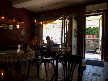 Zelenogradsk, Russia - August 08 2019: interior view of cafe Buffet at Kurortny Prospekt on August 08 2019 in Zelenogradsk, Russia.のeditorial素材