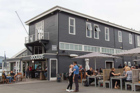 New Zealand, Wellington - January 10 2020: the view of Dockside Cafe Exterior in Wellington harbour docks on January 10 2020 in Wellington, New Zealand.のeditorial素材