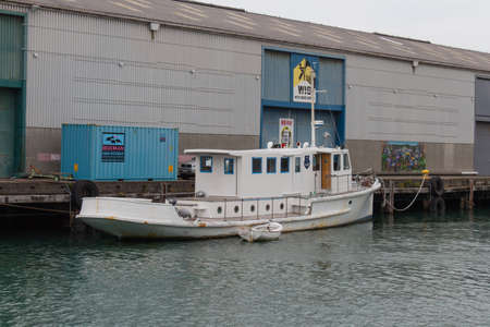 New Zealand, Wellington - January 10 2020: close up of a white ship at Wellington harbour on January 10 2020 in Wellington, New Zealand.のeditorial素材