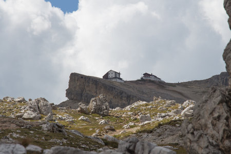 Italy, Dolomites - August 31 2016: the view of mountain hut Rifugio Lagazuoi at the summit of Mt. Lagazuoi on August 31 2016 in Belluno, Italy.のeditorial素材