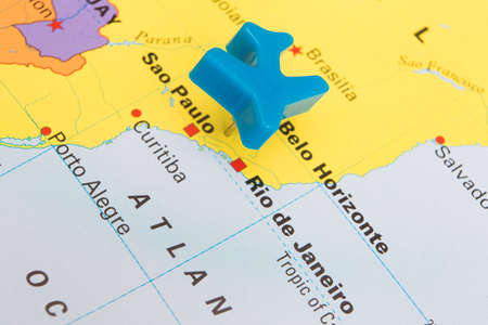 Map Of Brazil With Model Plane Over Rio De Janeiroの写真素材