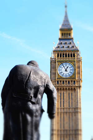 Minaturised Shot Of Big Ben And Palace Of Westminster With Statue Of Winston Churchill
