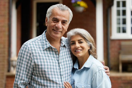 Portrait Of Mature Couple Standing In Garden In Front Of Dream Home In Countrysideの写真素材